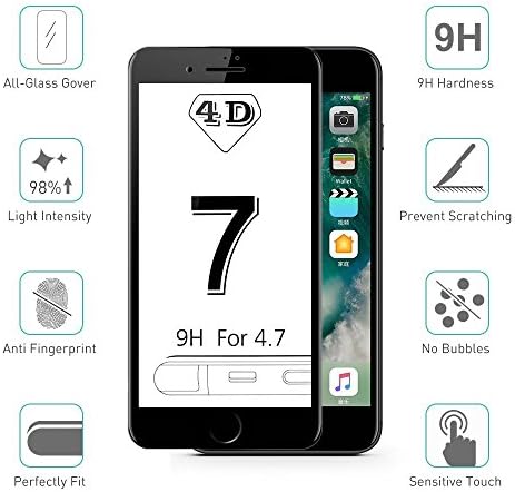 iPhone 7 Screen Protector Tempered Glass Film 4D Edge To Edge Full Coverage Curve Protection Protectors by RICKI (iPhone 7 Black)