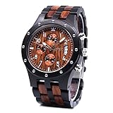Men Natural Handmade Classic Fashion Wood Watch Analog Quartz Watch, Wristwatch with Calendar and Luminous Pointers in The Dark