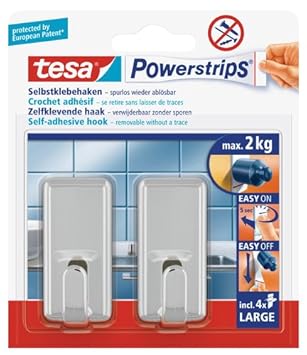 tesa selbstklebender Haken, bis 2kg, wieder ablösbar, eckig, chrom, 2 Stück