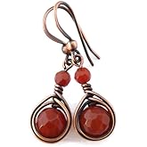 Pillar of Salt Studio Handcrafted Solid Copper Earrings with Carnelian Gemstone (Antiqued Copper, 1" drop)