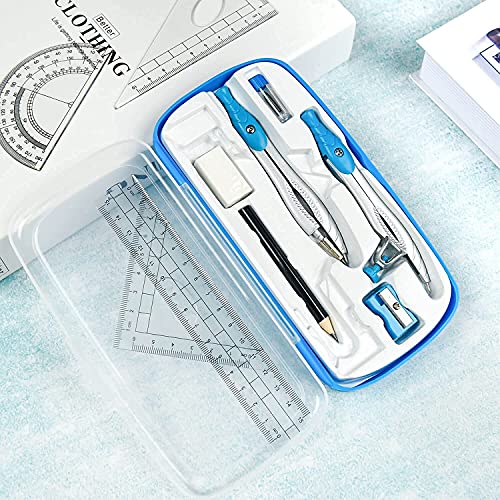 Lifreer Math Compass for Geometry Set,10 Pcs Student Geometry Box Includes Storage Box, Rulers, Protractor, Compass, Eraser, Sharpener, Lead Refills, Pencil for Drafting and Drawings（Blue）