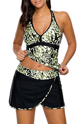 Dokotoo Womens Plus Size Ladies Athletic Underwire Print Halter Backless Tankini Swim Tops with Skirted Two Piece Bathing Suits Green X-Large