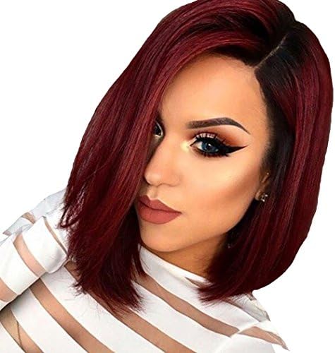 SHANGKE HAIR Two Tone Dark Roots Ombre Bob Style Wigs Synthetic Short Straight Bob Red Wigs for Women
