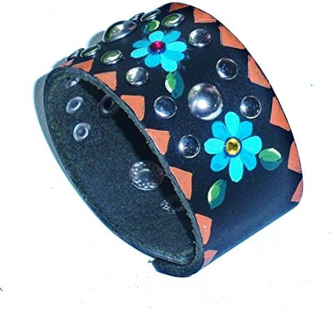 Funky Adjustable Black Leather Cuff Studded Bohemian Bracelet With Hand Painted Blue Flowers