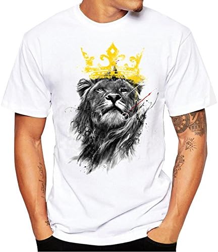 PRINCER The Crown of The Lion King Print T Shirt Men's Casual Round Collar Tops Slim Short Sleeve Summer Shirts Tees Clothes Blouse Plus Size 4XL