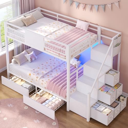 BTHFST Bunk Bed Twin Over Twin with Stairs, Storage Drawers and LED