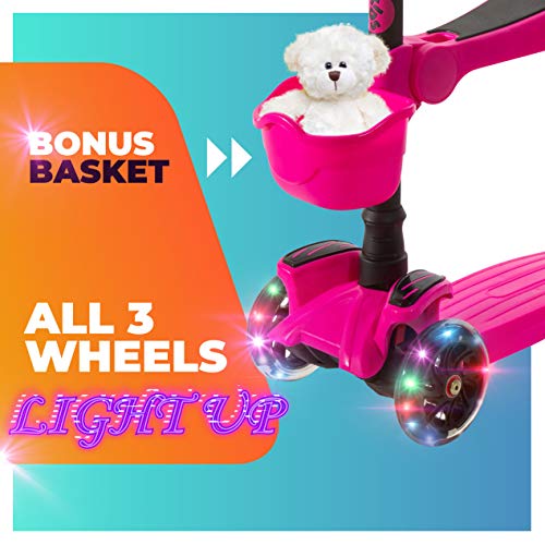 Modera Kids Kick Scooter w/ 3 Wheel Deck, Handle Bar Grips, Sit-or-Stand Removable Folding Seat, Foot Rest, Built-in Brake & Bonus Basket for 2-8 Year Old Toddler Boys & Girls Max 110 Lbs. - Thumbnail 3