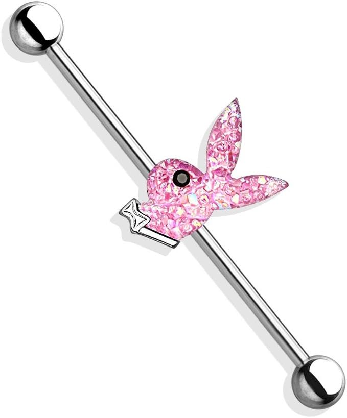 Pink Aurora Borealis Playboy Bunny Black Gem Eye 316L Surgical Steel Industrial Barbell (per Piece)