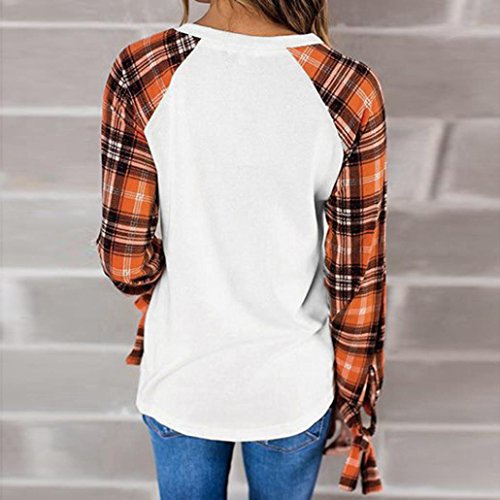 Clearance Deals Patchwork Blouse,ZYooh Fashion Women Round Neck Long Sleeve Plaid Blouse Pullover Tops with Cuff Bow (Orange, XL)