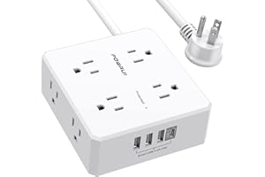 POWRUI 10Ft Surge Protector Power Strip - Flat Plug Extension Cord with 8 Widely Outlets and 4 USB Ports(1 USB C), 3 Side Outlet Extender for Home Office Dorm Room Essentials, White，ETL Listed