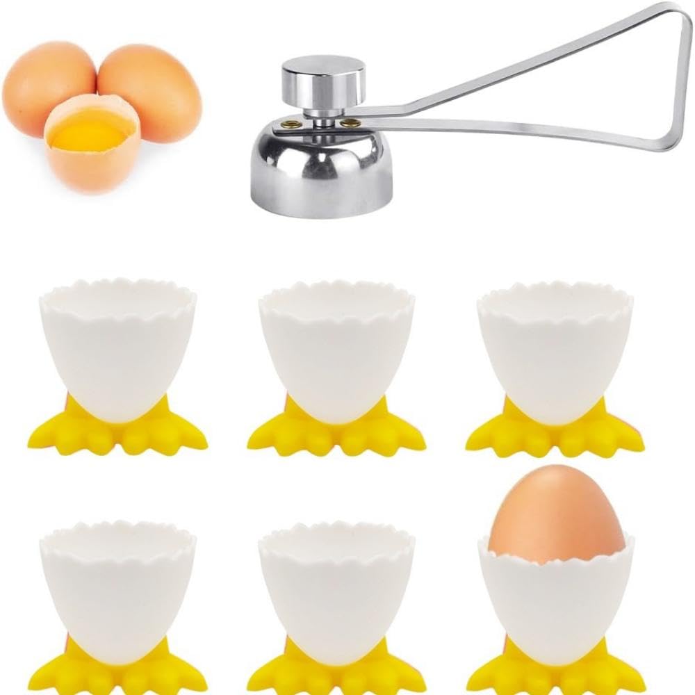 SIYINGSAERY 7 Pcs Egg Cups Set, Chicken Feet Egg Cup and Stainless Steel Egg Opener, Novelty Egg Cups Boiled Egg Holder Cup Funny Egg Topper Egg Cups Stand for Boiled Eggs Breakfast(Yellow)