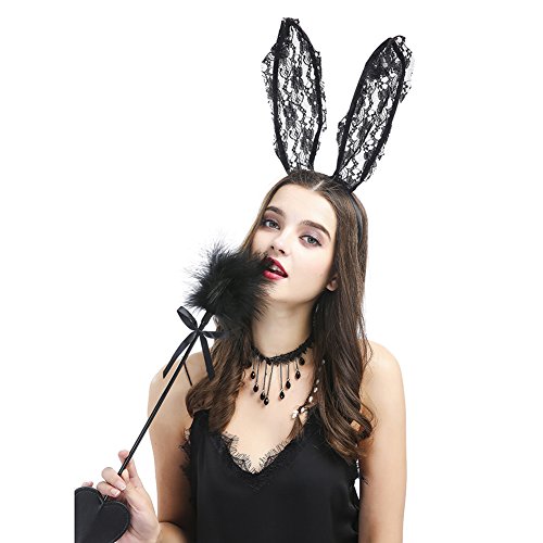 ieasysexy New Sexy Lingerie Accessories Feather Flirt Lace Rabbit Earrings Clavicle Chain Collar Set
