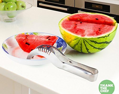 Highly Rated Premium Food-Grade Stainless Steel Watermelon Cutter Slicer. Used as a watermelon corer and fruit corer for a melon, honey dew, and other summer picnic fruits.