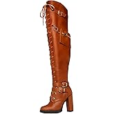 Yishaweiqi Buckle Strap Wide Calf Thigh High Boots for Women Chunky Block High Heel Over The Knee Boots Lace up Riding Combat Boots Ladies Side Zipper Tall Long Boots