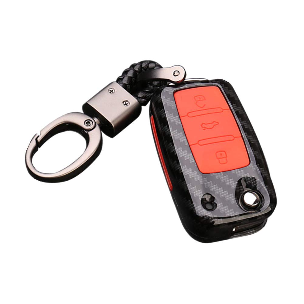 Happyit ABS Carbon Fiber Shell+Silicone Car Key Cover Case Keychain for Volkswagen VW Bora Beetle Tiguan Polo Passat B5 B6 MK5 6 Jetta Sagitar Golf 6 3 Buttons Remote (B Black + red)