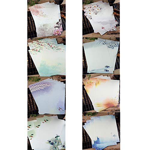 DLOnline 80 Pcs Writing Stationery Paper and Envelopes,Letter Set,8 Styles of Ink Painting Classic Vintage Antique(64 Letter Paper + 16 Envelopes)