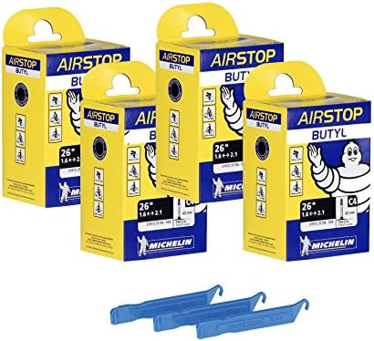 Michelin Airstop C4 Mountain Bike Tube 26" Presta Valve 40mm (Set of 4 MTB Tubes) with Park Tool Lever Set (3 Pieces)