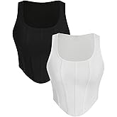 WDIRARA Women's 2 Pack Crop Bustier Corset Tank Top Sleeveless Square Neck Asymmetrical Hem Ribbed T Shirts