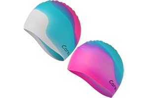 CAREULA Swim Cap, 2 Pack Durable Silicone Swimming Caps for Kids Girls Boys Youths (Age 2-12), Soft 3D Ergonomic Waterproof Kids Swim Caps, Comfortable Fit for Long Hair and Short Hair