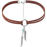 Boho Feather Turquoise Leather Choker Necklace for Women Bohemian Handmade Leaf Layered Black Brown Suede Cowgirl Cowboy Necklace for Western Style Country Party Trendy Jewelry Gifts (Brown)