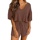 Ezbelle Women's V Neck Waffle Knit Pajamas Set Short Sleeve Crop Tops with Shorts 2 Piece Outfit Lounge Set