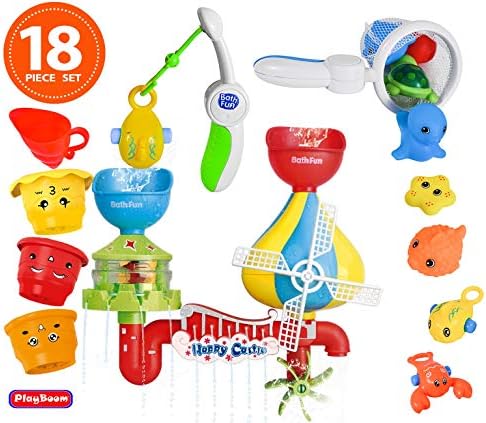 Playboom 18 Piece Baby Bath Toy -Waterfall Water Station with Fishing Rod 3 Stackable Cups Enhance Your Baby’s Thinking Ability and Creativity Great Bathtub Toys for Boys - Girls-Toddlers