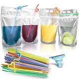 100 Pcs Double Zipper Plastic Clear Drink Pouches with Straw, No Leakage Drink Reusable Juice Bags, Stand up Disposable Drink Pouch Smoothie Bag for Freezing Juice, Heavy Duty Plastic, BPA Free