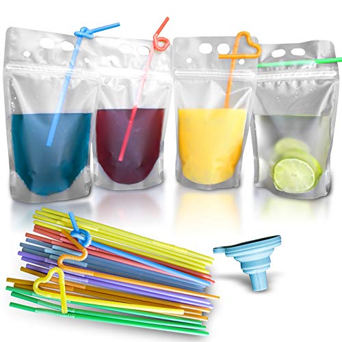 100 Pcs Double Zipper Plastic Clear Drink Pouches with Straw, No Leakage Drink Reusable Juice Bags, Stand up Disposable Drink Pouch Smoothie Bag for Freezing Juice, Heavy Duty Plastic, BPA Free