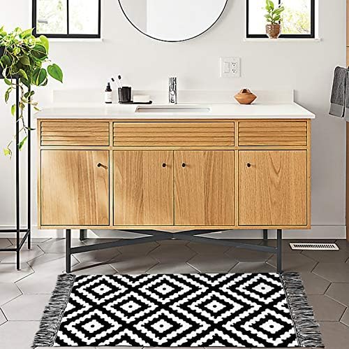 Boho Toilet Rug Runner with Tassel, 2’x4.3′, 100% Woven Black Diamond Kitchen Runner Rug Absolutely Reversible, Cotton Machine Washable Runner Rugs for House Kitchen Hallway Residing Room Bed room Laundry