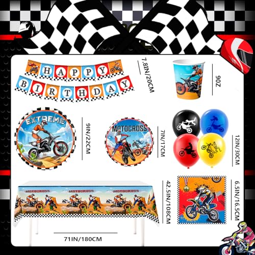 Motorcycle Birthday Decorations, 10 Guests Decoration Kit with Motorcycle Theme Including Plates and Glasses Motocross Napkins Tablecloth Banner etc Birthday Accessories for Motorcycles