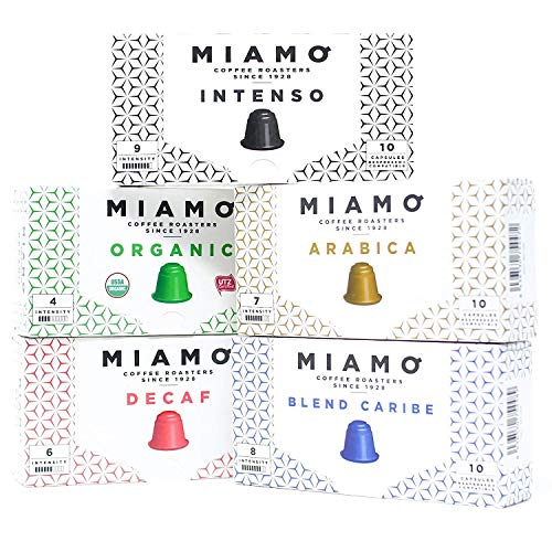 Miamo Coffee Capsules for Nespresso Original line Machine Variety Pack Mix. Organic, Decaf, Arabica, Blend Caribe & Intenso. 50 pods