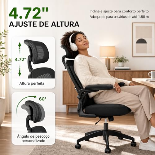 Cadeira de Escritório Ergonômica Preta com Suporte Lombar Independente, Encosto em Malha Respirável, Apoio de Cabeça Ajustável, Altura Regulável, Giratória 360°, Conforto para Home Office e Trabalho