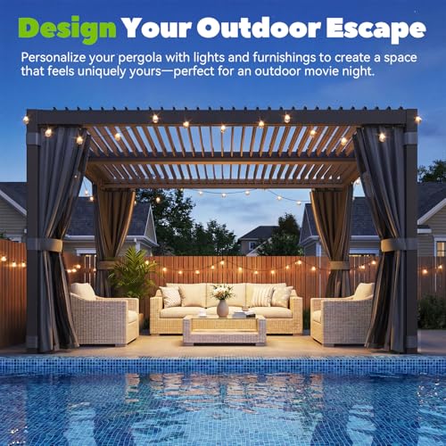 MELLCOM Louvered Pergola 10'x12', Aluminum Pergola with Adjustable Louvered Roofs, Outdoor Gazebo with Waterproof Curtains and Nets (10'x12' Black)