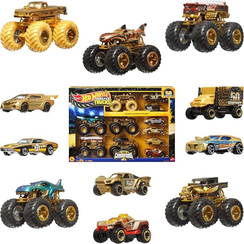 Hot Wheels Spielzeugautos und -Trucks, Monster Trucks Trophy Champions Collection mit Die-Cast-Bigfoot, 5-Alarm, Bone Shaker, Mega-Wrex und Tiger Shark sowie 6 Autos, JDW07