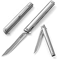 Slim Pocket Folding Knife Omesio, 3.39” Tanto Blade Gentleman's Knife with Liner Lock, Folding Knife with Clip and Sheath, Flipper Open for Camping and Survival, 2024 Gifts for Men Women, Silver