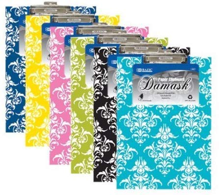 6 Pk, BAZIC Standard Size Damask Paperboard Clipboard w/Low Profile Clip (Colors May Vary)