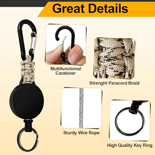 Retractable 4-Piece Key Ring, Retractable Steel Cable 60 cm, Carabiner Keychain with Paracord Clip, Reel Carabiner (Black + Beige + Blue + Orange)