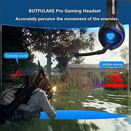BUTFULAKE Pro Stereo Gaming Headset for Xbox One, Xbox One S, PS4, PC, Nintendo Switch, Mac, Laptop, Computer, 3.5mm Wired Over-Ear Gaming Headphones with LED Light & Noise Canceling Microphone, Blue