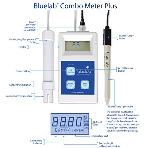 Bluelab Combo Meter Plus - Handheld Digital Hydroponic Nutrient and pH Meter for Measuring pH Levels, Conductivity & Temperature in Soil & Plants - Accurate pH Measurements - Bonus Carry Case Included
