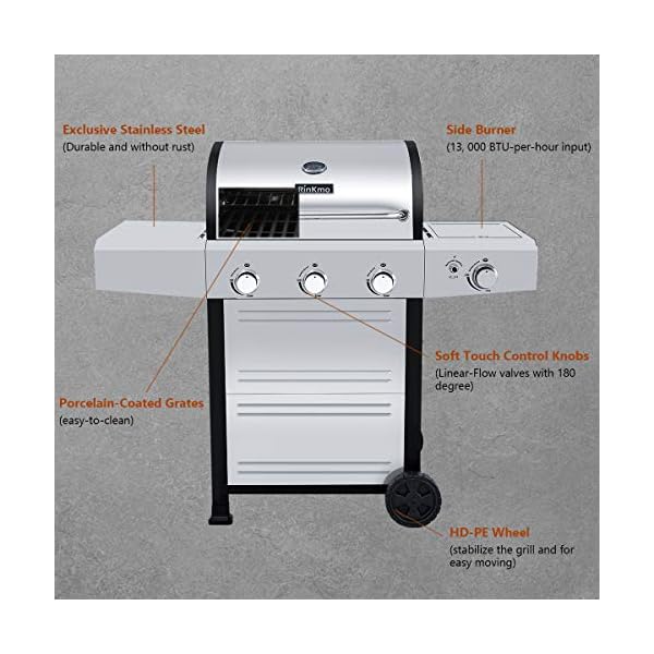 RINKMO-Gas-Grill-2020-Upgrade-670-sq-inch-3-Burner-36000-BTU-per-Hour-Input-Stainless-Steel-Liquid-Propane-Grill-Movable-BBQ-Grills-with-Side-Burner-Cart-Style