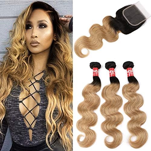 Haha Ombre Brazilian Hair 3 Bundles With Closure Ombre Human Hair Body Wave Ombre Bundles With Lace Closure (T1B/27,14 16 18+12)