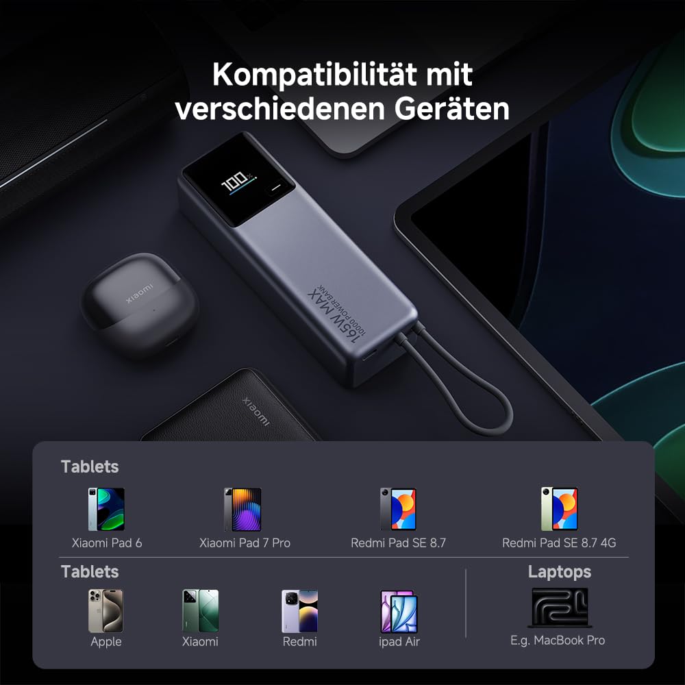 Xiaomi 165W Power Bank 10000mAh, Super Schnellladung|3 USB-C Ports for Multi-Device Charging Power, 120W PD3.0|Kompatibel mit Laptop, for iPhone 16, MacBook, Xiaomi, Samsung, Pixel 9 and More 5