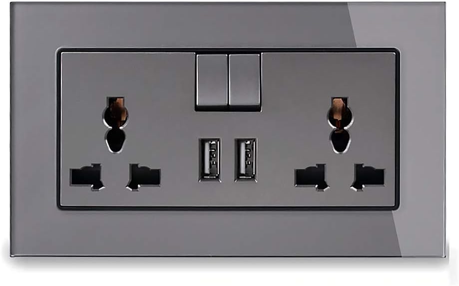 Grey Crystal Glass Panel Double Electric Switched Socket with Dual USB ...