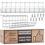 Under Desk Cable Management Tray - Cable Organizer for Wire Management. Metal Wire Cable Tray for Office and Home (White 2 Pack)