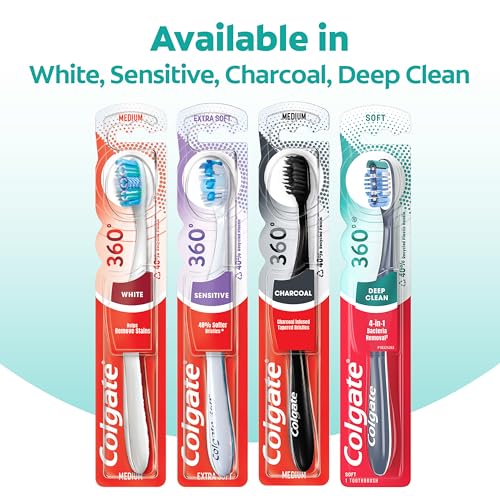 Colgate 360 Deep Clean Soft Toothbrush for 4 in 1 Bacterial Removal, Features Floss Tip Bristles and Tongue Cleaner, 4 Count