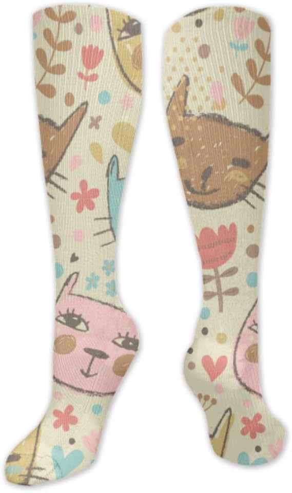 Socks Knee High Women Cute Cartoon Cats In Flower Funky Long Socks