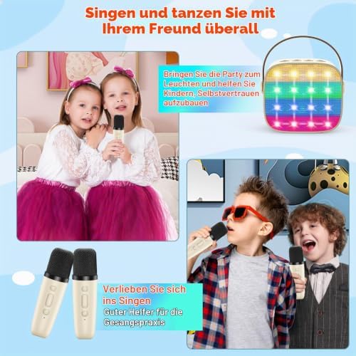 Karaoke Maschine Kinder, Mini Karaoke Maschine mit 2 Mikrofonen, Spielzeug ab 3-12 Jahre Mädchen Jungen Mikrofon Geschenke, Tragbarer Bluetooth-Lautsprecher mit Stimmeffekten & LED-Lichtern