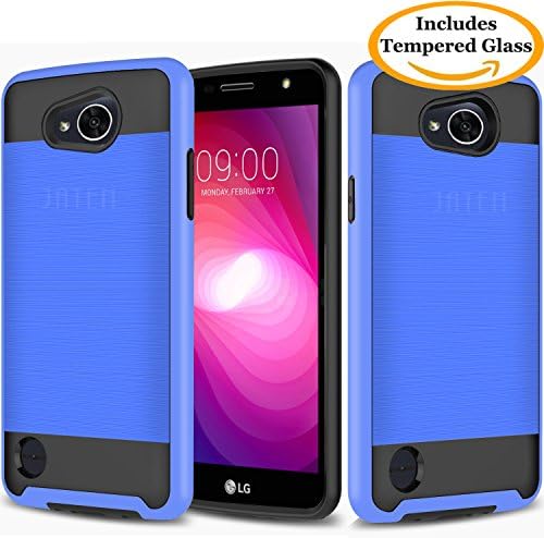 LG X Power 2 Case, LG Fiesta Case, LG X Charge Case, JATEM Brushed Metal Hybrid Slim Fit Hard Cover with TPU Case + Tempered Glass Screen Protector and Stylus Pen (Blue/Black)