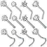 SOVSEFD 12 Pcs 20 Gauge Stainless Steel Nose Rings Studs L Screw Bone Shaped Scr