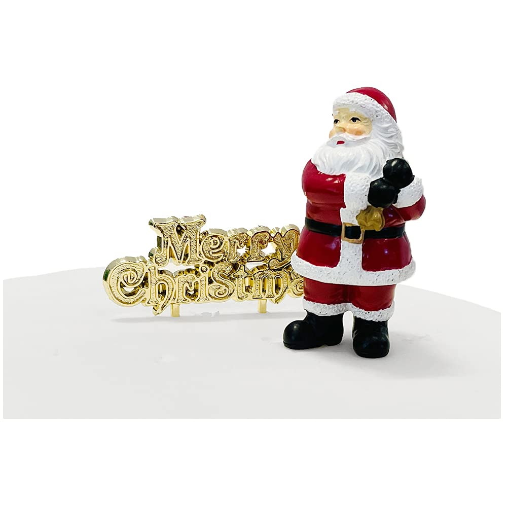 Anniversary House 2pcs Traditional Santa Resin Cake Topper & Gold Merry Christmas Motto Luxury Boxed Christmas Cake Decorations, Christmas Cake Toppers, Yule Log Decorations, BX336